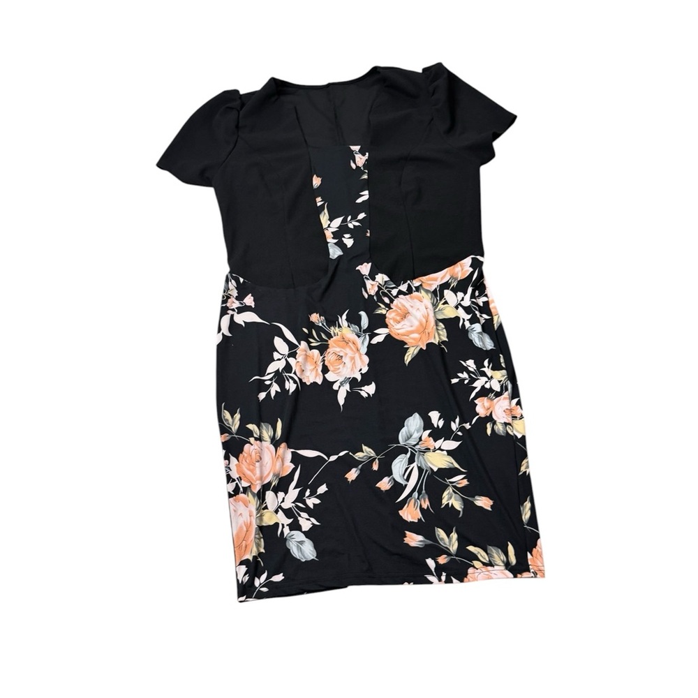 Black Floral Sheath Dress with Pink Peach Rose Print and Black Stretchy Comfort